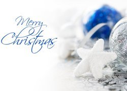 Niebieski napis Merry Christmas obok białej gwiazdki