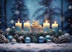 Niebieskie bombki i cztery świece na świątecznym stroiku na śniegu