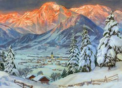 Malarstwo, Obraz, Alois Arnegger, Zima, Góry Alpy, Drzewa, Domy, Gmina Admont, Austria