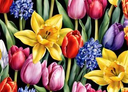 Tulipany, Żonkile, Hiacynty, Kwiaty, Akwarela