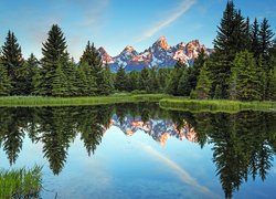 Park Narodowy Grand Teton, Góry Skaliste, Drzewa, Rzeka, Snake River, Odbicie, Stan Wyoming, Stany Zjednoczone