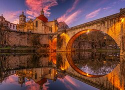 Rzeka Tamega, Most, Ponte Sao Goncalo, Klasztor, Kościół, Odbicie, Amarante, Portugalia