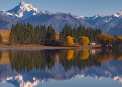 Jesień, Góry, Jezioro, Lake Camp, Drzewa, Odbicie, Dom, Nowa Zelandia