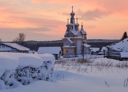 Zima, Cerkiew, Śnieg, Domy, Kimzha, Rosja