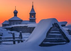 Zima, Cerkiew, Zabudowania, Ogrodzenie, Śnieg