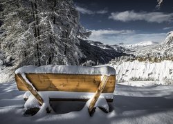 Ośnieżona ławka z widokiem na Alpy Retyckie