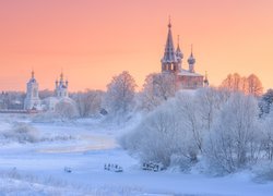 Zima, Rzeka, Cerkiew, Drzewa, Ośnieżone, Dunilovo, Rosja