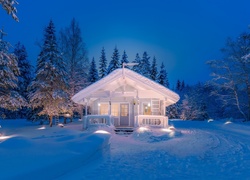 Ośnieżony biały domek z werandą na skraju lasu nocą
