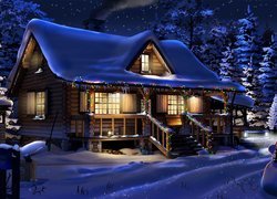 Zima, Oświetlony, Dom, Świątecznie, Śnieg, Drzewa, Bałwan