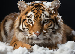 Ośnieżony tygrys leżący na śniegu