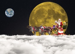 Święta, Mikołaj, Renifery, Prezenty, Księżyc