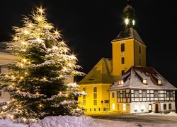 Boże Narodzenie, Ośnieżona, Choinka, Kościół, Hohnstein, Niemcy