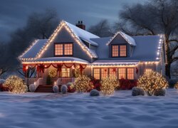 Boże Narodzenie, Zima, Dom, Drzewa, Światła, Noc, Grafika
