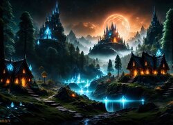 Oświetlone nocą domy i zamek nad rzeką na tle księżyca