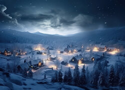 Zima, Domy, Światła, Śnieg, Wieczór, Drzewa, Góry, Niebo