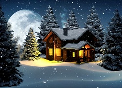 Oświetlony dom na skraju zimowego lasu w blasku księżyca