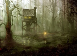 Oświetlony domek na palach w lesie fantasy