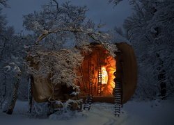 Oświetlony domek w zimowym lesie