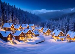 Oświetlone domy na skraju zimowego lasu