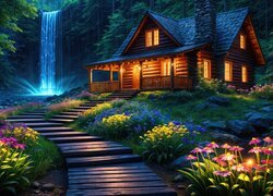 Oświetlony drewniany dom i wodospad