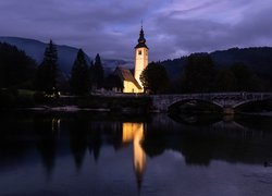 Słowenia, Gmina Bohinj, Kościół św Jana, Most, Jezioro Bohinj, Drzewa