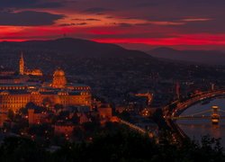Zachód słońca, Zamek Królewski, Rzeka Dunaj, Most, Budapeszt, Węgry