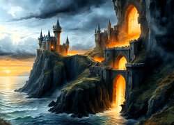 Oświetlony zamek na skale nad morzem w grafice fantasy