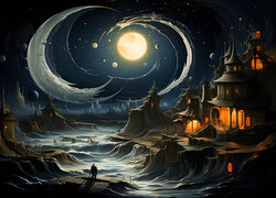 Oświetlony zamek na tle księżyca w grafice fantasy