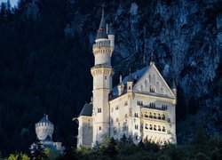 Zamek Neuschwanstein, Bawaria, Schwangau, Niemcy, Skały, Drzewa, Noc
