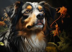 Pies, Owczarek australijski, Spojrzenie, Trawa, Rośliny, Grafika