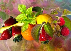 Owoce, Truskawki, Pomarańcza, Cytryna, Maliny, Grafika