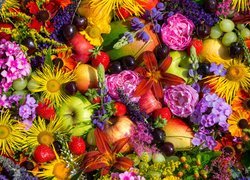Kolorowe, Kwiaty, Owoce