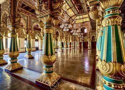 Indie, Mysore, Pałac, Mysore Palace, Amba Vilas, Sala, Filary, Wnętrze