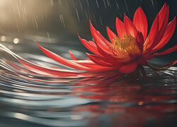 Padający deszcz i czerwony kwiat w wodzie