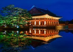 Pałac Gyeongbokgung, Noc, Drzewa, Staw, Odbicie, Seul, Korea Południowa