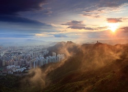 Chiny, Hong Kong, Panorama, Zachód słońca