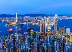 Hongkong, Oświetlone, Wieżowce, Zatoka Wiktorii, Port Wiktorii, Chiny