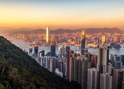 Hongkong, Wieżowce, Delta Rzeki Perłowej, Zachód słońca, Chiny