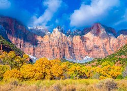 Park Narodowy Zion, Góry, Drzewa, Skały, Jesień, Chmury, Stan Utah, Stany Zjednoczone