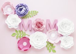 Dzień Matki, Kolorowe, Papierowe, Kwiaty, Napis, Mom, Jasne, Tło