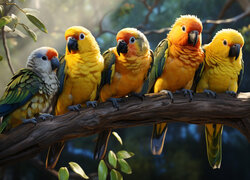 Papugi konury na gałęzi