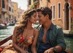 Para zakochanych w gondoli na kanale w Wenecji