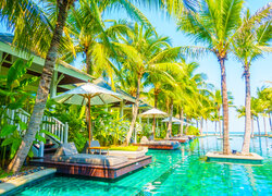 Parasole i leżaki pod palmami nad hotelowym basenem w tropikach