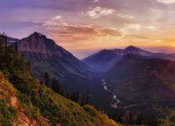Stany Zjednoczone, Stan Montana, Park Narodowy Glacier, Góry, Rzeka, Las, Zachód słońca