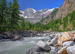 Dolina Aosty, Kamienie, Rzeka, Góry, Alpy, Park Narodowy Gran Paradiso, Włochy