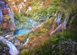 Park Narodowy Jezior Plitwickich, Drzewa, Skały, Rzeka, Wodospad, Jesień, Chorwacja