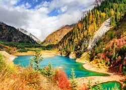 Chiny, Park Narodowy Jiuzhaigou, Jezioro, Góry, Wzgórza, Drzewa