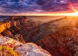 Stany Zjednoczone, Arizona, Wielki Kanion Kolorado, Chmury, Wschód słońca, Park Narodowy Wielkiego Kanionu