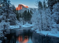 Zima, Ośnieżone, Drzewa, Rzeka, Merced River, Góry, Park Narodowy Yosemite, Stany Zjednoczone