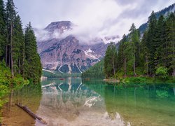 Jezioro Pragser Wildsee, Lago di Braies, Park przyrody, Fanes Sennes Prags, Góry, Dolomity, Drzewa, Pomost, Łódki, Chmury, Odbicie, Włochy